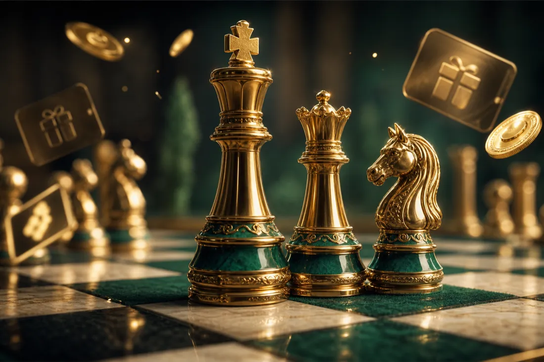 Elegant gold chess pieces on an emerald board with floating gift-card rewards